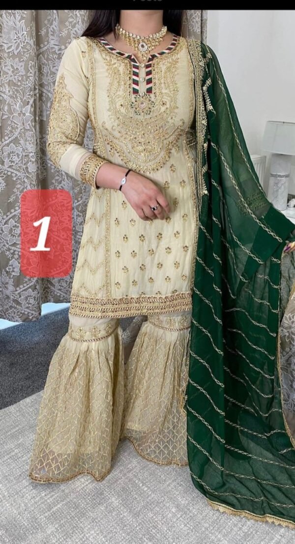 3PC Embroidered Shirt With Gharara And Dupatta.