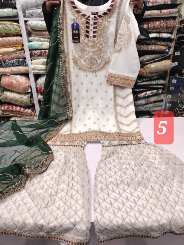 3PC Embroidered Shirt With Gharara And Dupatta. - Image 8
