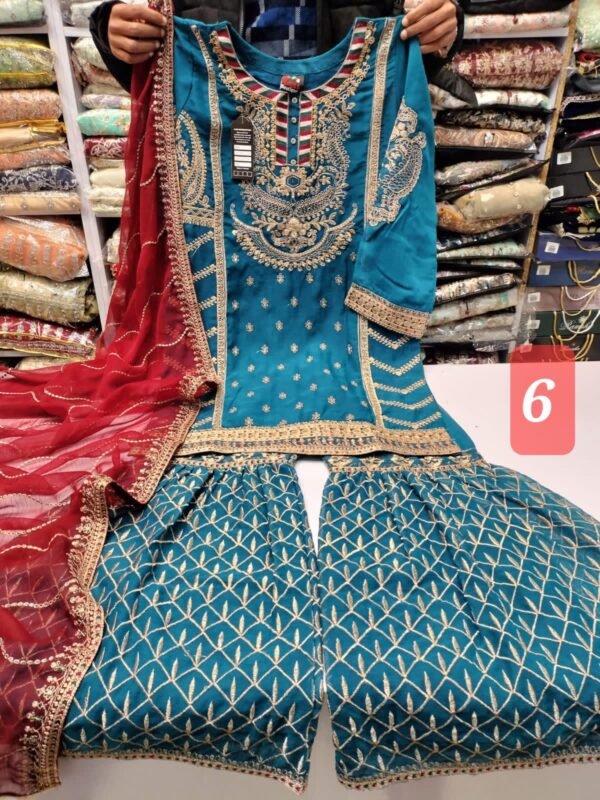 3PC Embroidered Shirt With Gharara And Dupatta. - Image 9