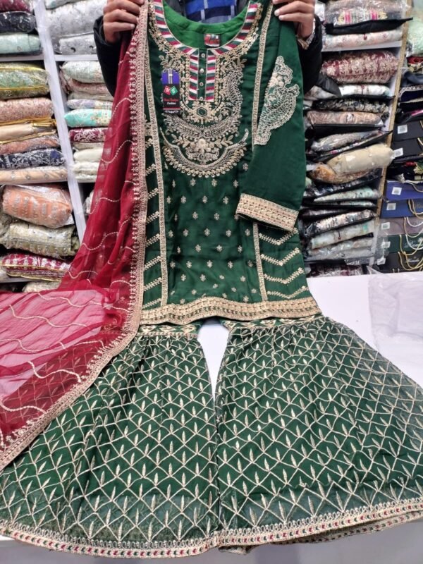 3PC Embroidered Shirt With Gharara And Dupatta. - Image 6