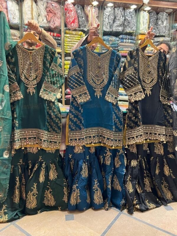 3PC Stitched  Handwork Shirt with Gharara and Organza Dupatta. - Image 18