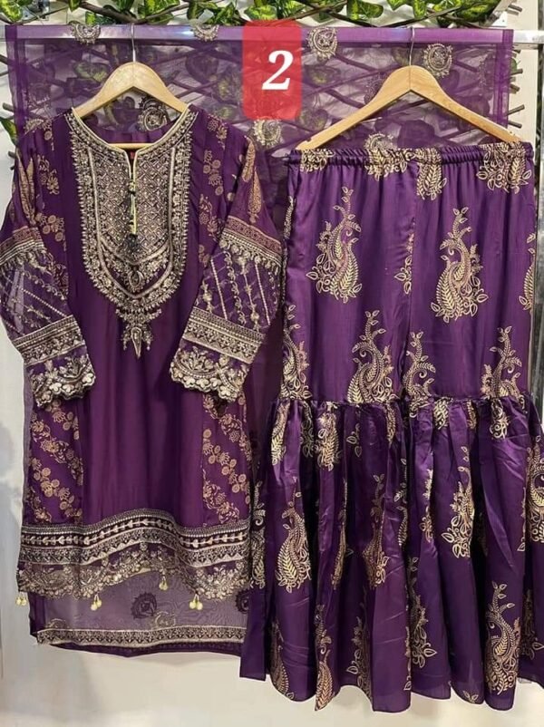 3PC Stitched  Handwork Shirt with Gharara and Organza Dupatta. - Image 3
