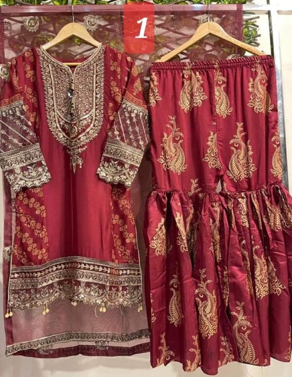 3PC Stitched  Handwork Shirt with Gharara and Organza Dupatta. - Image 2