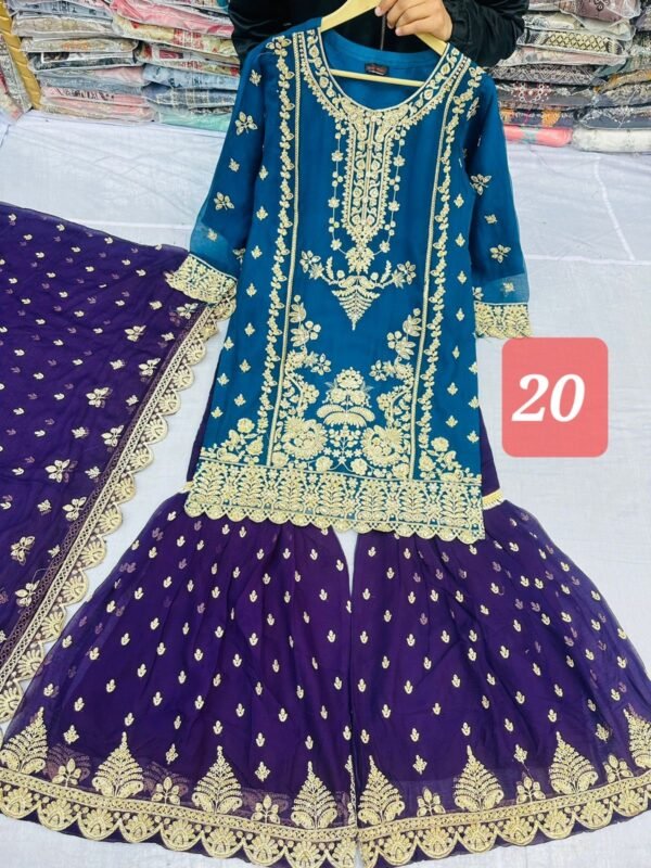 3PC Embroidered Shirt With Gharara And Dupatta. - Image 23