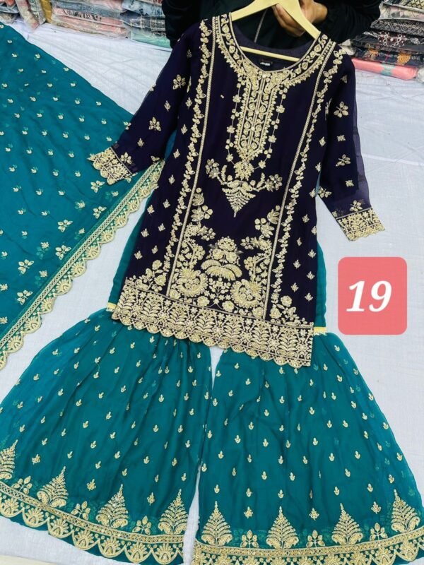 3PC Embroidered Shirt With Gharara And Dupatta. - Image 22