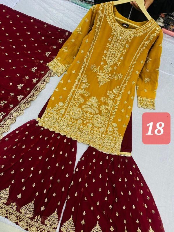 3PC Embroidered Shirt With Gharara And Dupatta. - Image 21