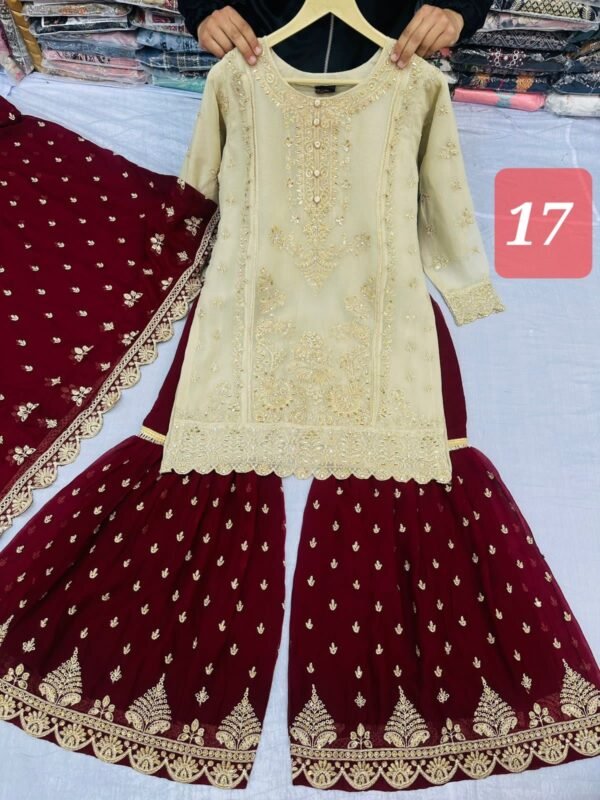 3PC Embroidered Shirt With Gharara And Dupatta. - Image 20