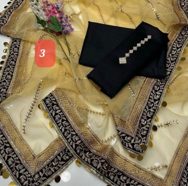 3PC Stitched Raw Silk Suit With Organza Embroidery Dupatta. - Image 3