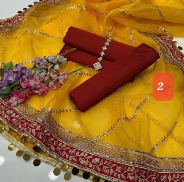 3PC Stitched Raw Silk Suit With Organza Embroidery Dupatta. - Image 2
