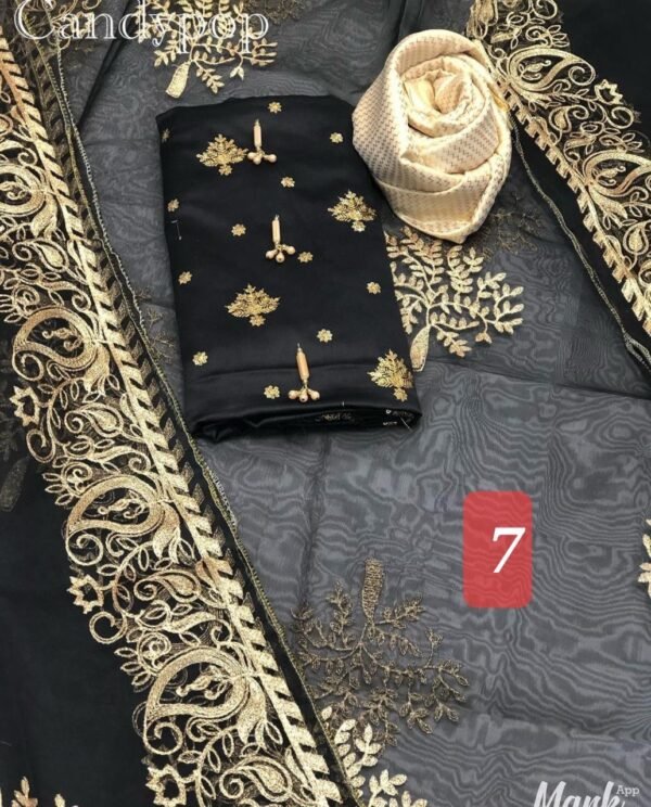 3Pc Stitched Suit With Zari Embroidery Organza Dupatta - Image 7