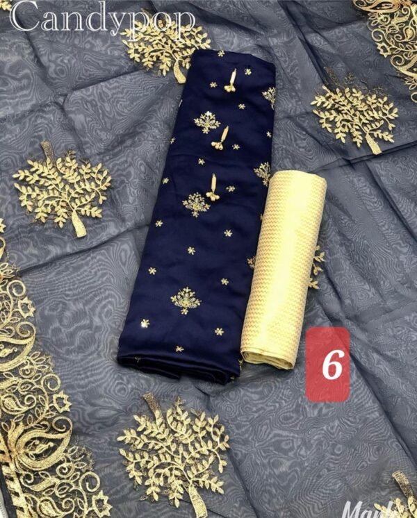 3Pc Stitched Suit With Zari Embroidery Organza Dupatta - Image 6