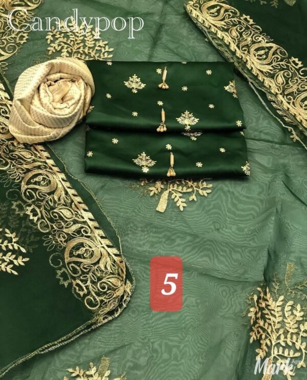 3Pc Stitched Suit With Zari Embroidery Organza Dupatta - Image 5