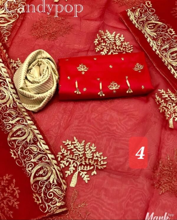 3Pc Stitched Suit With Zari Embroidery Organza Dupatta - Image 4