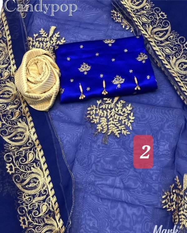 3Pc Stitched Suit With Zari Embroidery Organza Dupatta - Image 2