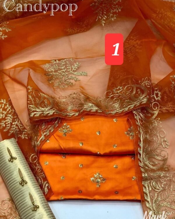 3Pc Stitched Suit With Zari Embroidery Organza Dupatta