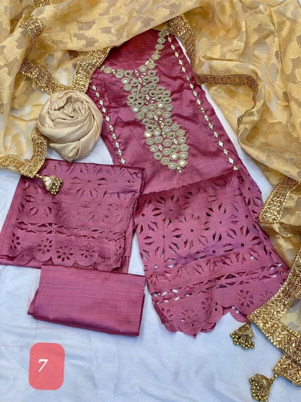 3PC Stitched Mirror Handwork Raw Silk Dresses. - Image 7