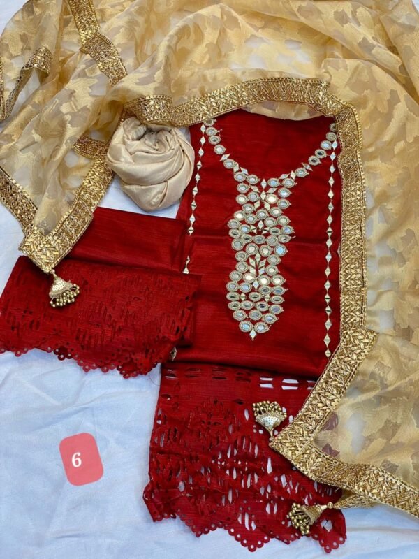 3PC Stitched Mirror Handwork Raw Silk Dresses. - Image 6