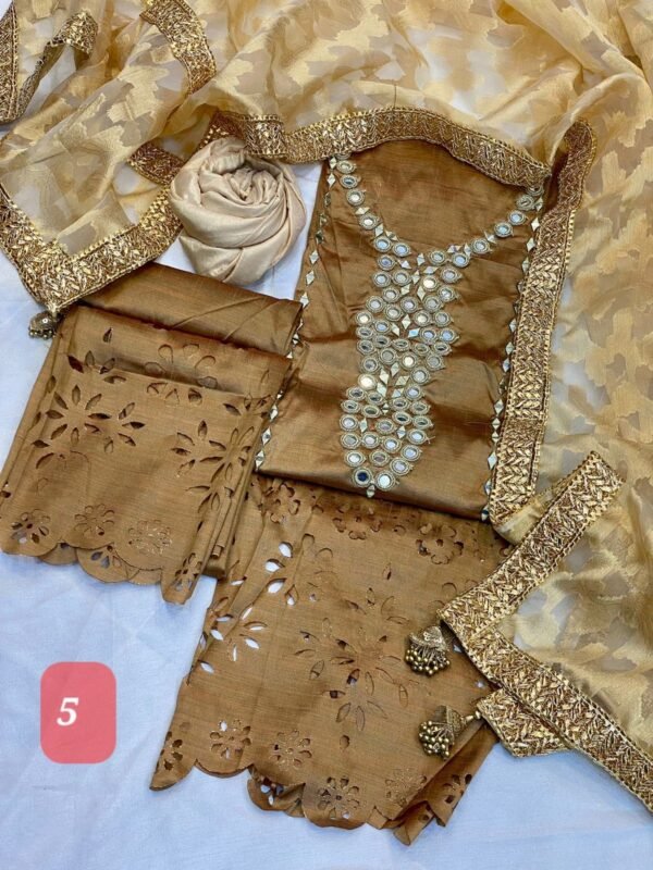 3PC Stitched Mirror Handwork Raw Silk Dresses. - Image 5