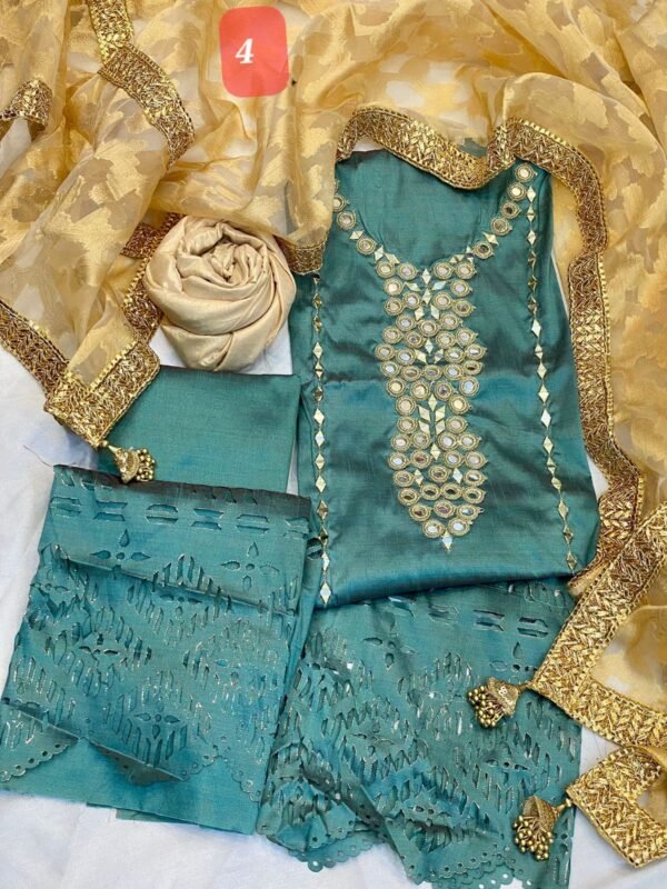 3PC Stitched Mirror Handwork Raw Silk Dresses. - Image 4
