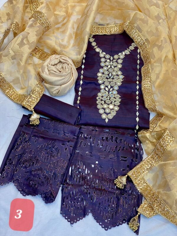 3PC Stitched Mirror Handwork Raw Silk Dresses. - Image 3