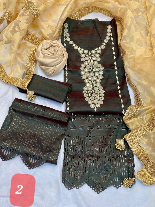3PC Stitched Mirror Handwork Raw Silk Dresses. - Image 2