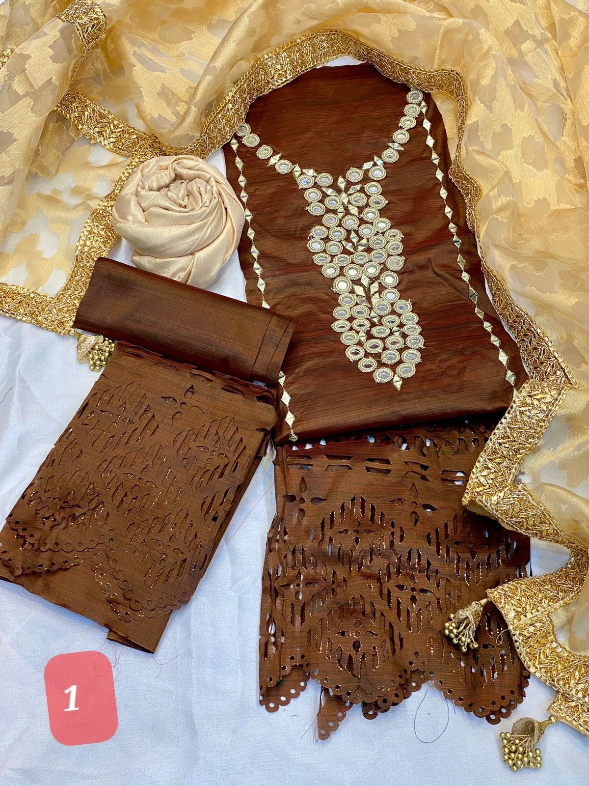 3PC Stitched Mirror Handwork Raw Silk Dresses.