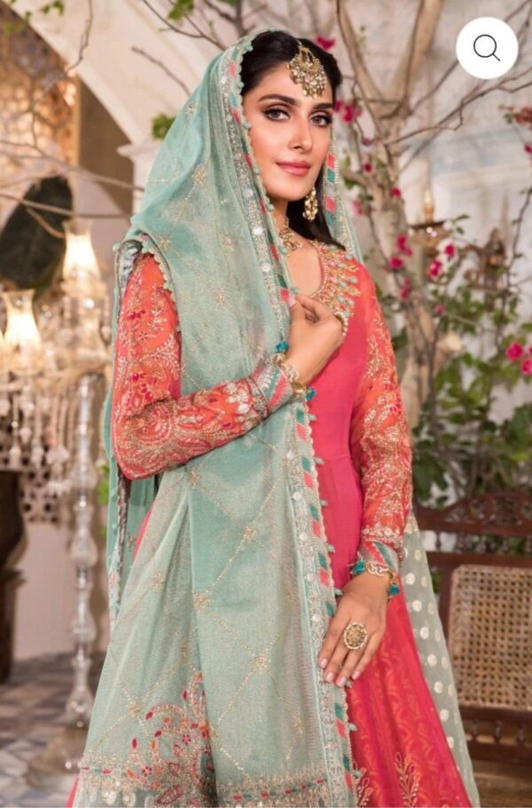 Maria B stitched MBROIDERED - Salmon Pink and Feroza (BD-2402) - Image 2