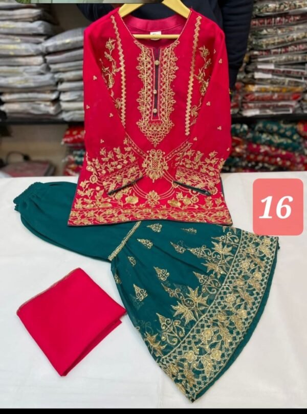 3 Pcs Chiffon Gharara Mother & Daughter Dresses - Image 18