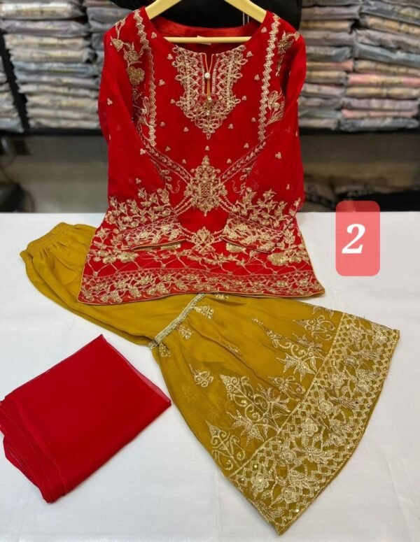 3 Pcs Chiffon Gharara Mother & Daughter Dresses - Image 3