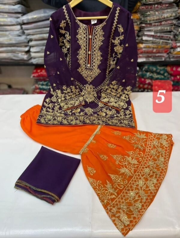 3 Pcs Chiffon Gharara Mother & Daughter Dresses - Image 6