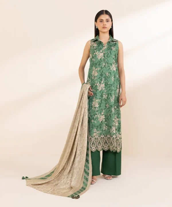 Sapphire Stitched 3 Piece - Embroidered Linen Suit - Image 2