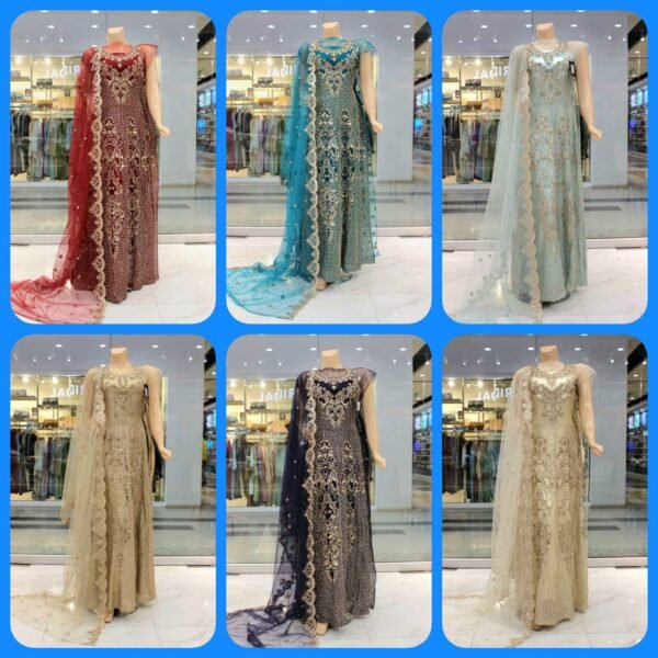 Fancy Embroidered Stitched Net Maxi Dress With Net Embroidered Dupatta.
