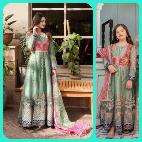 MOTHER & DAUGHTER COMBO* 3PC Dress:Embroidered net with organza blero and adda work.