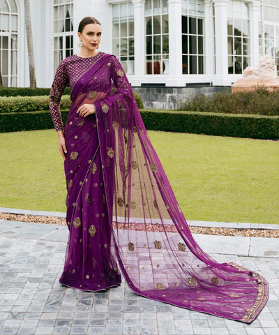 Sapphire Stitched 3 Piece - Embroidered Net Saree