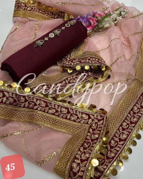 3PC Stitched Raw Silk Suit With Organza Embroidery Dupatta. - Image 46