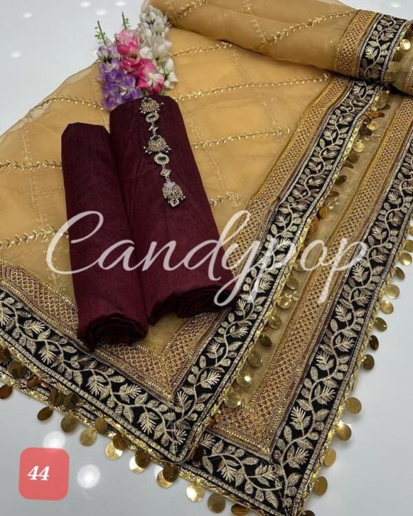 3PC Stitched Raw Silk Suit With Organza Embroidery Dupatta. - Image 45