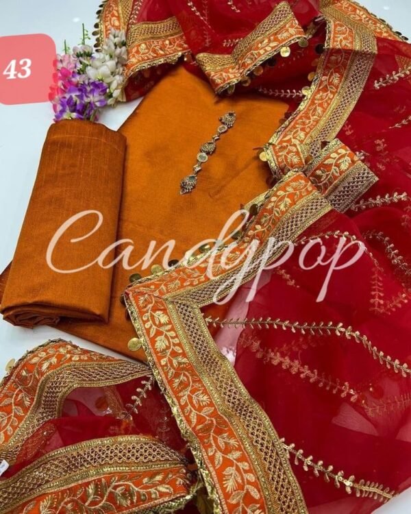 3PC Stitched Raw Silk Suit With Organza Embroidery Dupatta. - Image 44