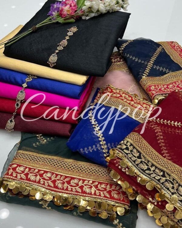 3PC Stitched Raw Silk Suit With Organza Embroidery Dupatta. - Image 42