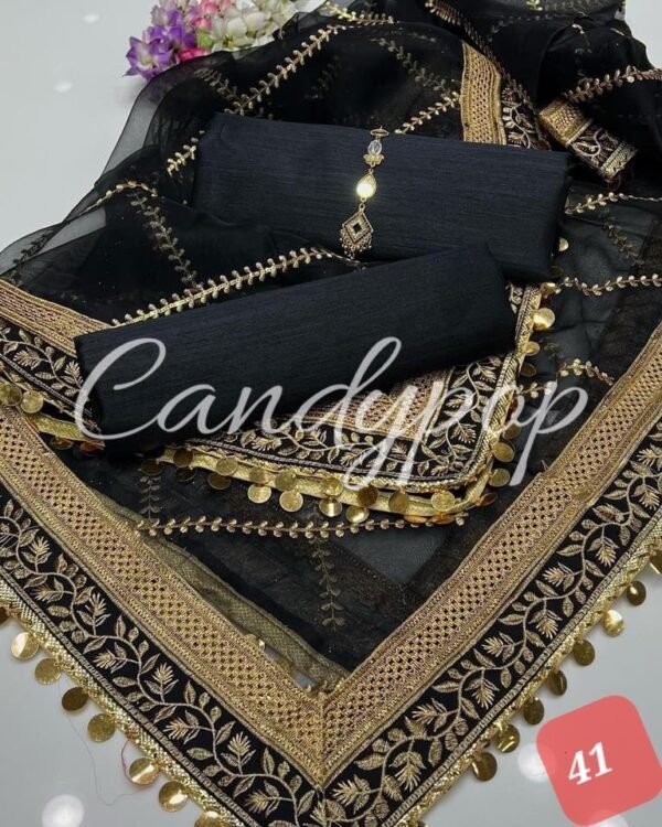 3PC Stitched Raw Silk Suit With Organza Embroidery Dupatta. - Image 41