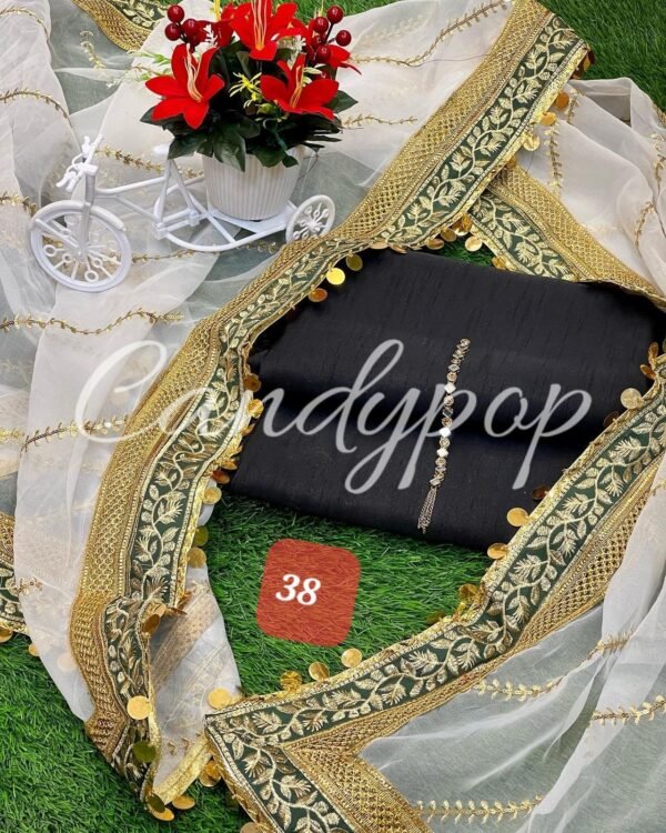 3PC Stitched Raw Silk Suit With Organza Embroidery Dupatta. - Image 38