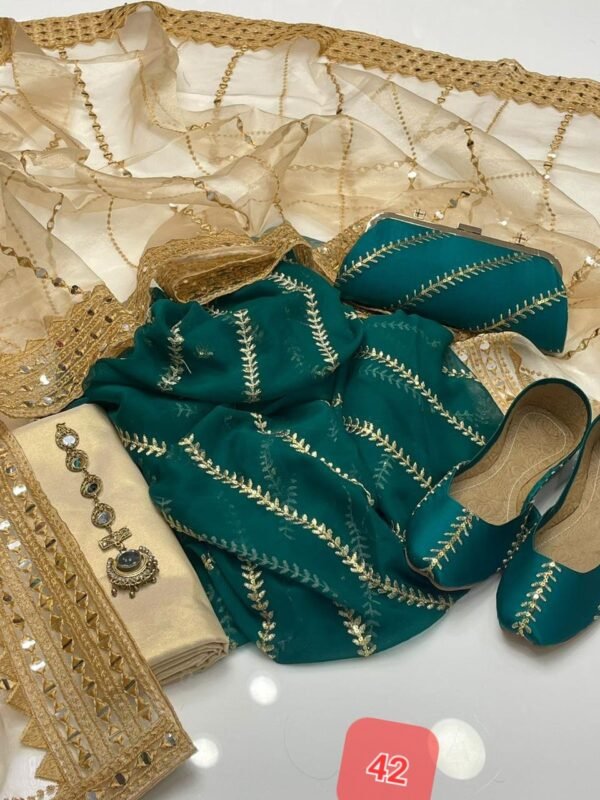 3 Pcs Stitched Silk Suit With Organza Dupatta. - Image 43