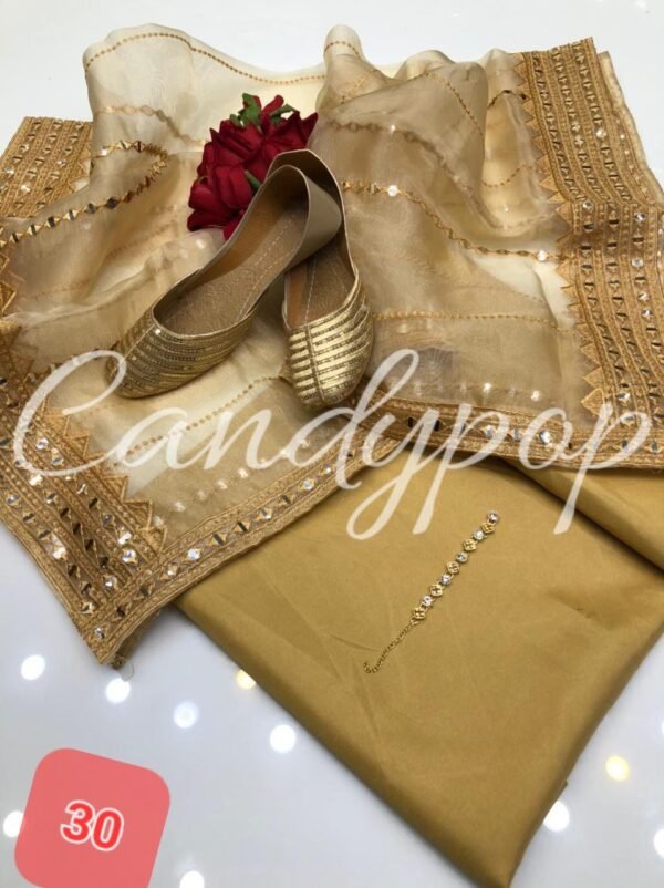 3PC Stitched Raw Silk Suit With Organza Sequence,Mirror work & Embroiderd Dupatta - Image 29