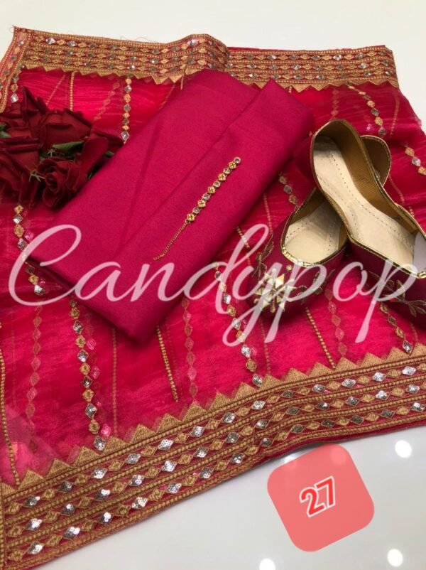 3PC Stitched Raw Silk Suit With Organza Sequence,Mirror work & Embroiderd Dupatta - Image 26