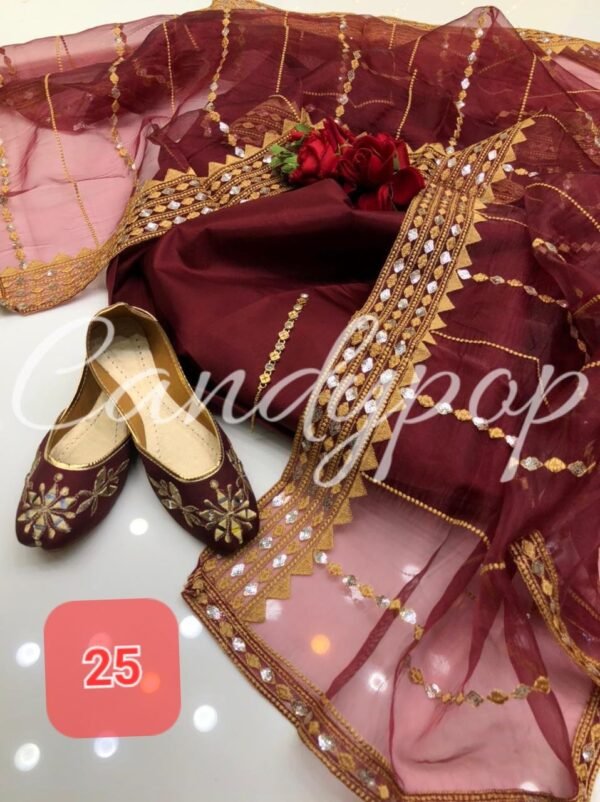 3PC Stitched Raw Silk Suit With Organza Sequence,Mirror work & Embroiderd Dupatta - Image 24