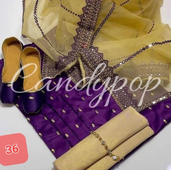 3 Pcs Stitched Silk Suit With Organza Dupatta. - Image 37