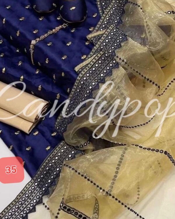 3 Pcs Stitched Silk Suit With Organza Dupatta. - Image 36