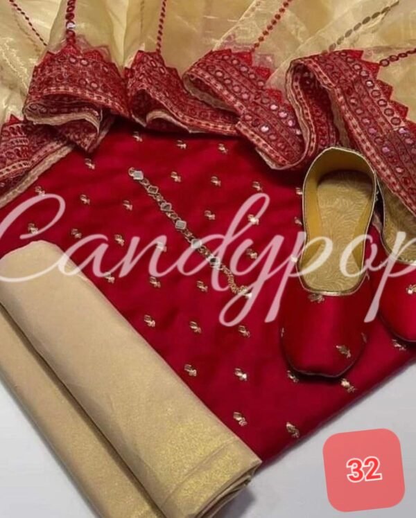 3 Pcs Stitched Silk Suit With Organza Dupatta. - Image 33