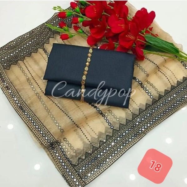 3PC Stitched Raw Silk Suit With Organza Sequence,Mirror work & Embroiderd Dupatta - Image 18
