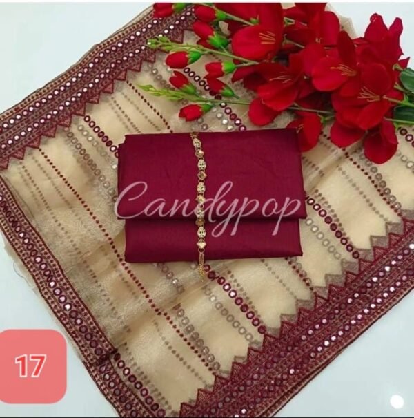 3PC Stitched Raw Silk Suit With Organza Sequence,Mirror work & Embroiderd Dupatta