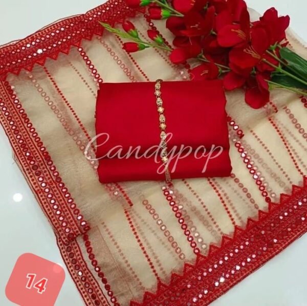3PC Stitched Raw Silk Suit With Organza Sequence,Mirror work & Embroiderd Dupatta - Image 15